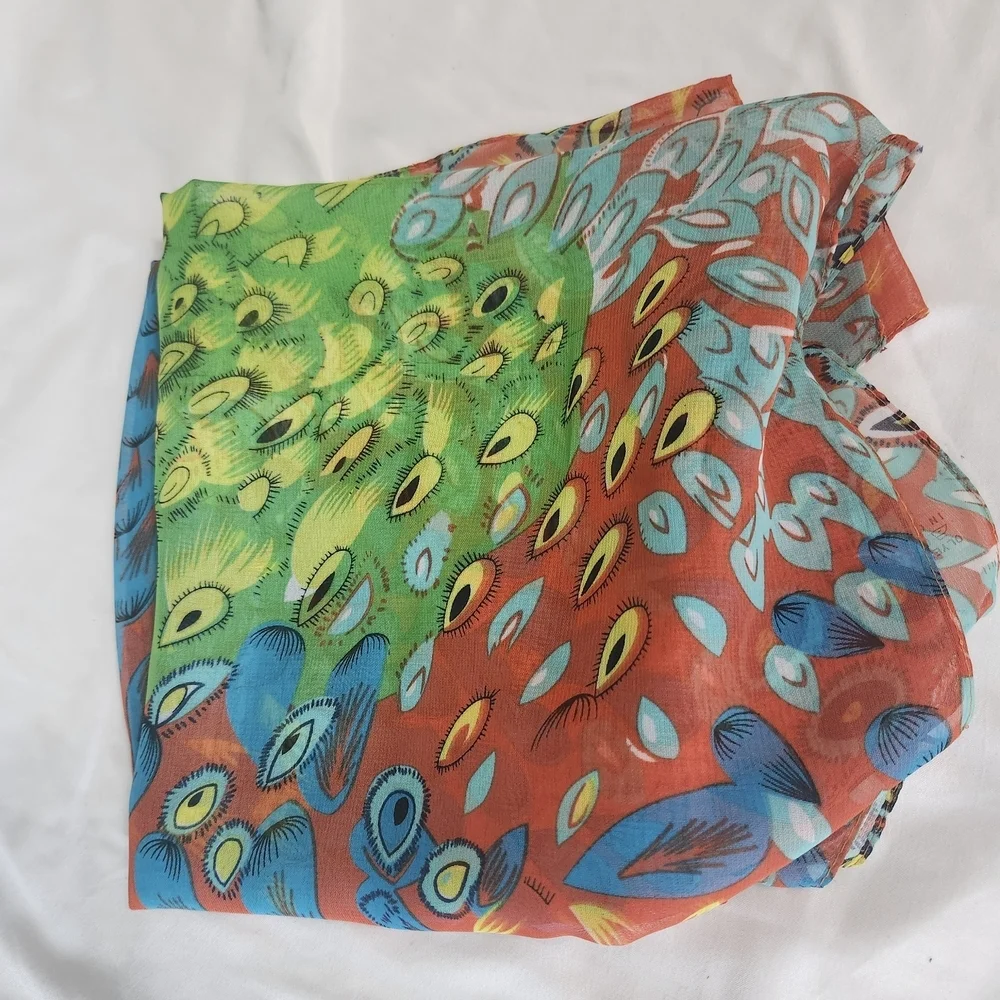 Colorful Peacock-Pattern Lightweight Women's Scarf - Blue, Orange, Green